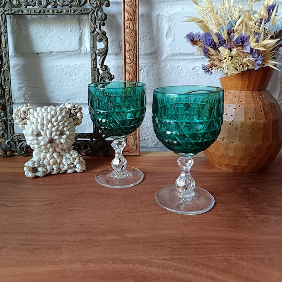 2 vintage stemmed glasses in colored cut glass