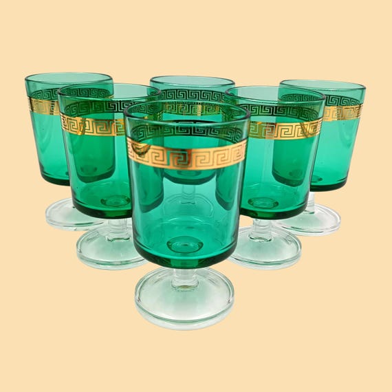 6 Luminarc 9 cl stemmed glasses, green suede model with gold frieze pattern