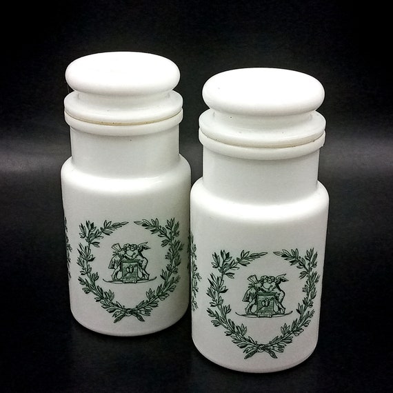 Set of 2 white glass apothecary jars, vintage French opaline jars