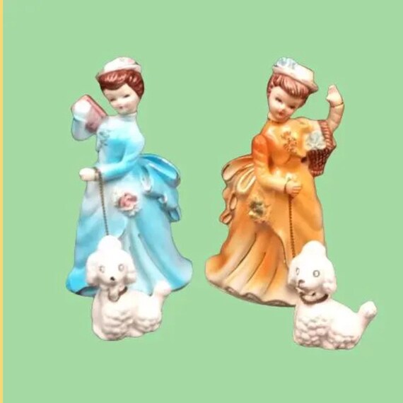 Figurine of a woman walking her dog on a leash, Vintage Figurine Lady with poodle, Vintage porcelain,