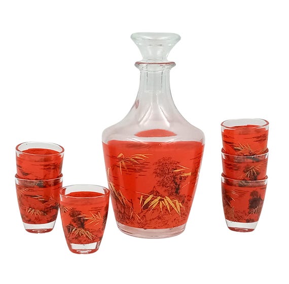 CARAFE Asian decor orange, Water wine carafe, Vintage pitcher, Bridge decor, pagoda decor. Vintage French