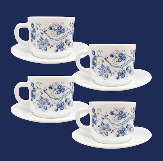 4 CUPS 20 cl Arcopal "Aster" blue flower decoration France vintage