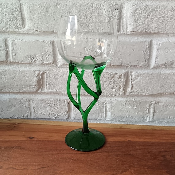 Vintage Emerald Green Jellyfish Blown Glass Bowl on Foot