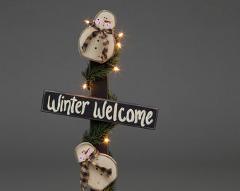 Wooden Christmas Snowman Welcome Sign with Lights