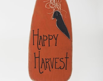Hanging Wooden Pumpkin with Crow Accent