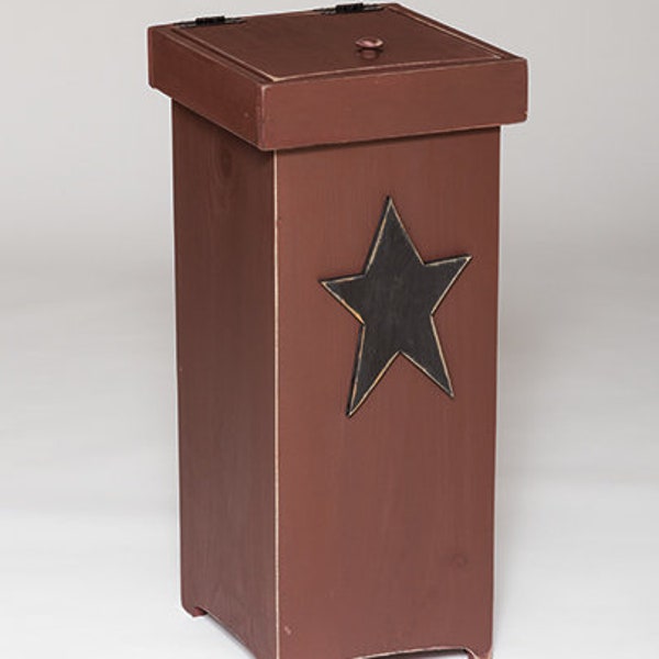 Primitive Pine Trash Bin with rope handles and Rustic Star in Painted or Stained - Free Shipping