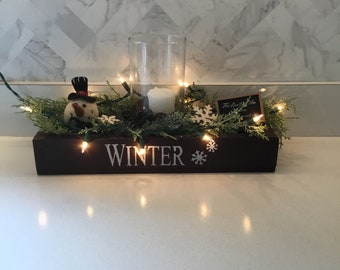 Farmhouse Primitive Winter Candle Box with Lights and Snowman