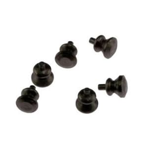 Pode incluir: Seis botões de metal preto com topo arredondado e uma pequena haste. Os botões são projetados para móveis ou outros objetos.