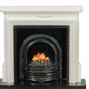 Dolls House White Fireplace with Fire in Black Grate Miniature Furniture 1:12