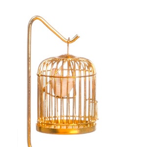 Dolls House Victorian Accessory Bird in Brass Cage on Stand Miniature 1:12