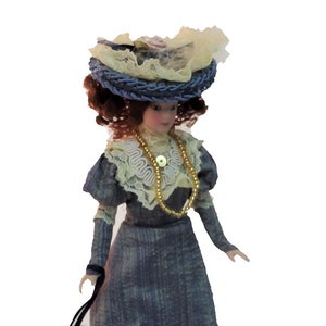 Dolls House Victorian Lady in Blue Outfit Miniature People Porcelain