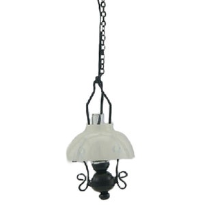 Dolls House Early American Black Oil Lamp White Shade Electric Ceiling Light 12V