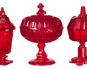 Dolls House Red Dish /& Vases Miniature Chrysnbon Ornaments Dining Room Accessory