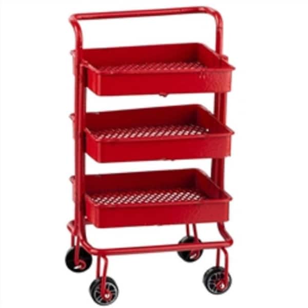 Dolls House Utility Cart Storage Trolley 3 Tier Rolling Organiser Red Shelf Rack