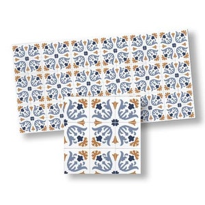 May include: A repeating pattern of blue and brown floral tiles. The tiles are arranged in a grid pattern and feature a stylised floral design.