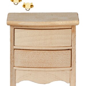 May include: Unfinished wooden nightstand with two drawers. The nightstand has a curved front and rounded legs. It is made of light wood and has a natural finish.