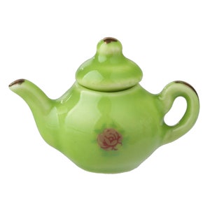 Dolls House Green &amp; Pink Floral Teapot Miniature Kitchen Dining Accessory 1:12