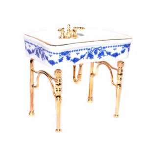 Puppenhaus Blaue Schleife Einzel Waschbecken mit Gold Beinen Reutter Badezimmer Möbel 1:12