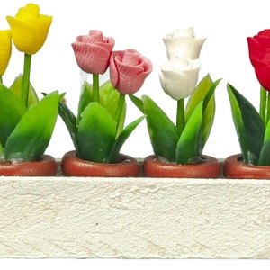 Può includere: Un vaso da fiori in legno bianco con cinque tulipani in vaso. I tulipani sono gialli, rosa, bianchi e rossi.
