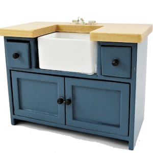 Dolls House Blue &amp; Pine Sink Unit with Belfast Sink Modern Kitchen Furniture