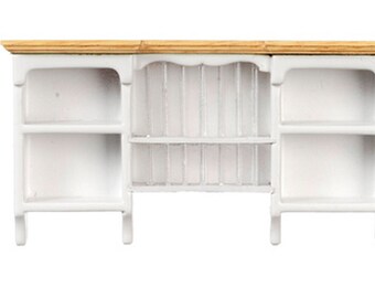 Dolls House White &amp; Oak Wall Cupboard with Plate Rack Kitchen Furniture 1:12