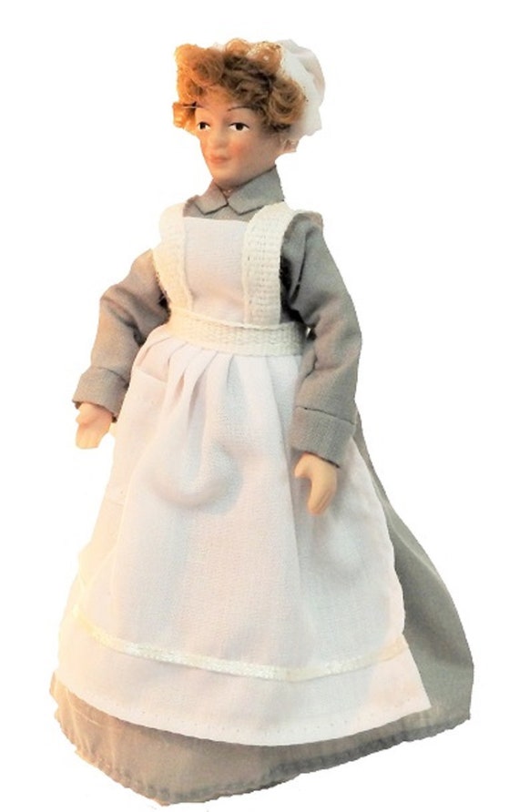 Melody Jane Dolls House Victorian Servant Maid Cook in Grey Porcelain People 