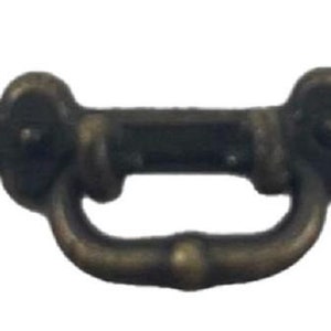 May include: A small, antique-style, brass drawer pull with a decorative, ornate design. The pull has a loop handle and a decorative, floral-shaped end on each side.