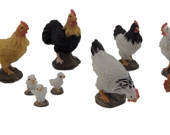 4 Tiny White Black Hen Chicken Family  Dollhouse Miniatures Animal Garden 