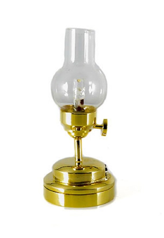 Dolls House Victorian Brass Oil Lamp Clear Glass Shade LED Battery