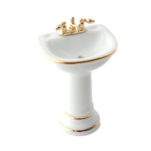 Dolls House White &amp; Gold Sink Basin Miniature Reutter Bathroom Furniture 1:12
