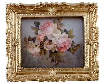 Dolls House Miniature Bunch of Pink Roses Painting Gold Frame