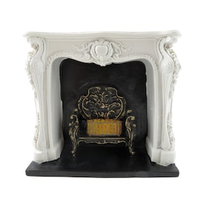 Maison de poupées Rococo Cheminée blanche avec grille noire et dorée Meubles en résine 1:12