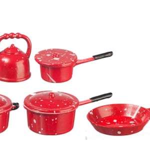 Dolls House Red Spot Saucepan Pan Set &amp; Kettle Kitchen Accessory