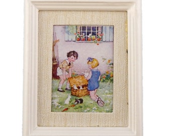 Dolls House Miniature Children & Rabbits Painting White Frame