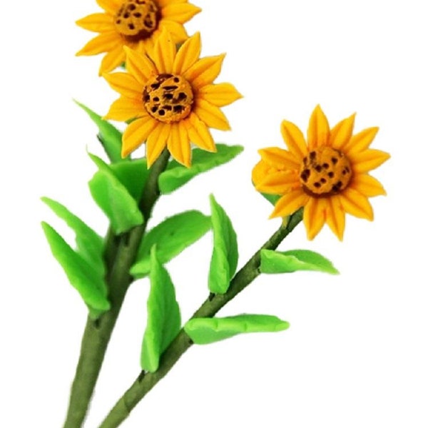 Dollhouse Miniature Sunflowers - Set Of 3 Large Sunflower Stems For 1:12 Scale Gardens Or Vases