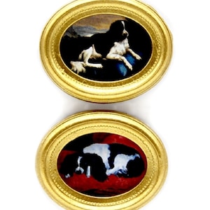 Dolls House 2 Dog Paintings Pictures in Oval Gold Frames Miniature Accessory