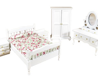 Dolls House White Double Bedroom Furniture Set with Spindle Frame 1:12 Scale