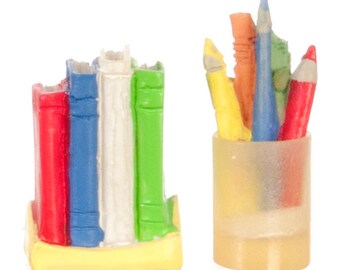 Dolls House Set Books Pencil Pot Miniature Modern Office School Desk Accessory
