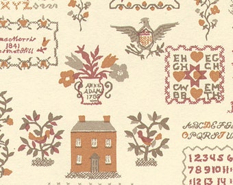 May include: Cream-colored fabric with a repeating pattern of cross-stitch designs. The pattern includes floral arrangements, houses, birds, alphabets, numbers, and text. Colors include shades of brown, orange, and red.