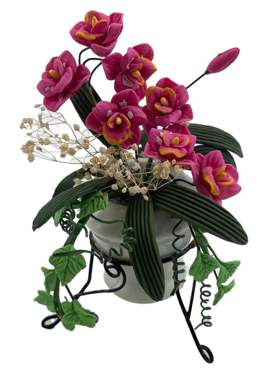 Melody Jane Dollhouse Ceramic Garden Urn With Pink Flowers - 1:12 Scale Miniature