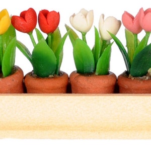 Puppenhaus Fensterkasten mit 4 Töpfen mit Tulpen 1:12 Zubehör
