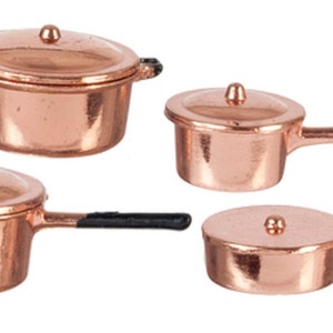 May include: Set of four copper-coloured miniature pots and pans with black handles. The pots and pans are all different sizes and have lids.