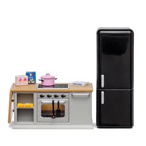 Lundby Dolls House Grey Kitchen Furniture 1:18 Gray Cooker Oven Fridge Set