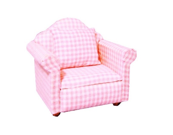 Dolls House Baby Pink Gingham Armchair Miniature Modern Living Uk Dolls House Baby Pink Gingham Armchair, Light Pink Armchair Uk