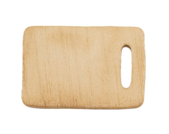 May include: A light brown wooden cutting board with a handle.