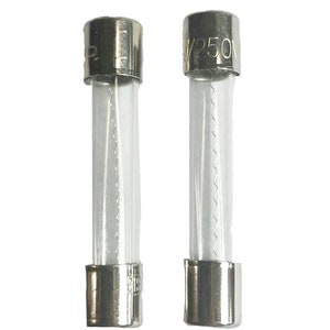 Può includere: Due fusibili in vetro argentati con un corpo in vetro trasparente e un tappo in metallo argentato. Il tappo del fusibile a sinistra ha la scritta "2A" stampata su di esso. Il tappo del fusibile a destra ha la scritta "250V" stampata su di esso.