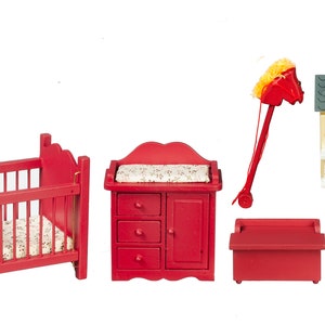 Dolls House Wooden Deep Red Nursery Furniture Set Miniature 6 Piece Baby Room