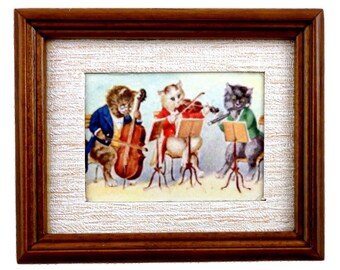 Dolls House Cat Orchestra Picture Painting in Walnut Frame Miniature