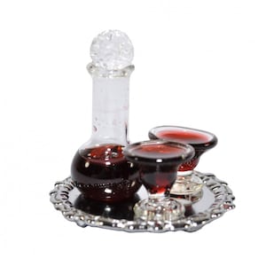 Dolls House Decanter &amp; Glasses of Red Wine on Silver Tray 1:12 Accessory