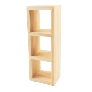 May include: A small, unfinished wooden shelf unit with three open cubby spaces. The shelves are made of light-colored wood and are designed for miniature items or display.